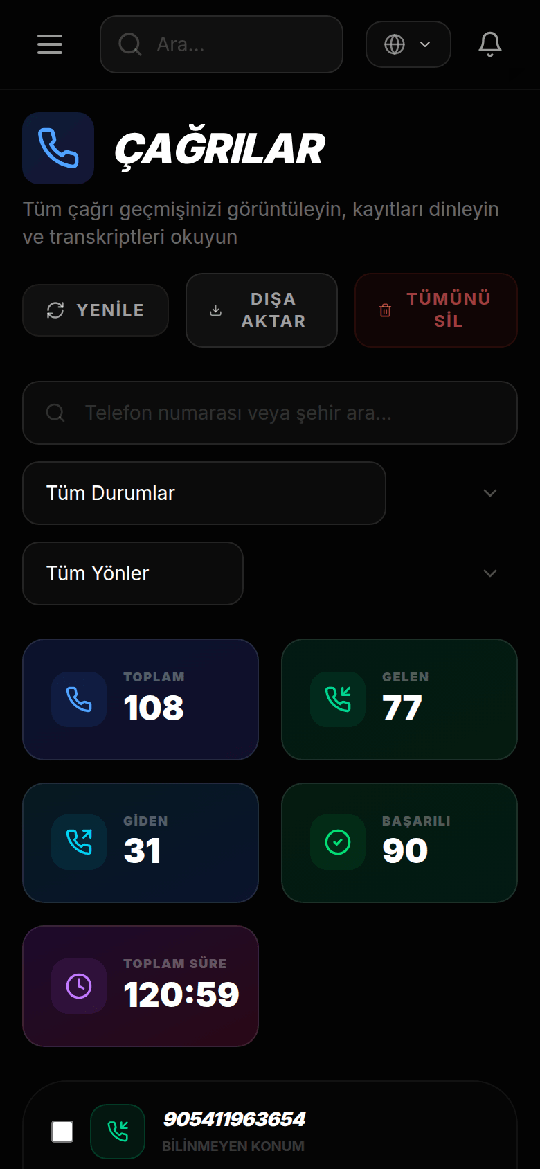 Xaly.ai panelinde çağrı geçmişi, kayıt ve özetler